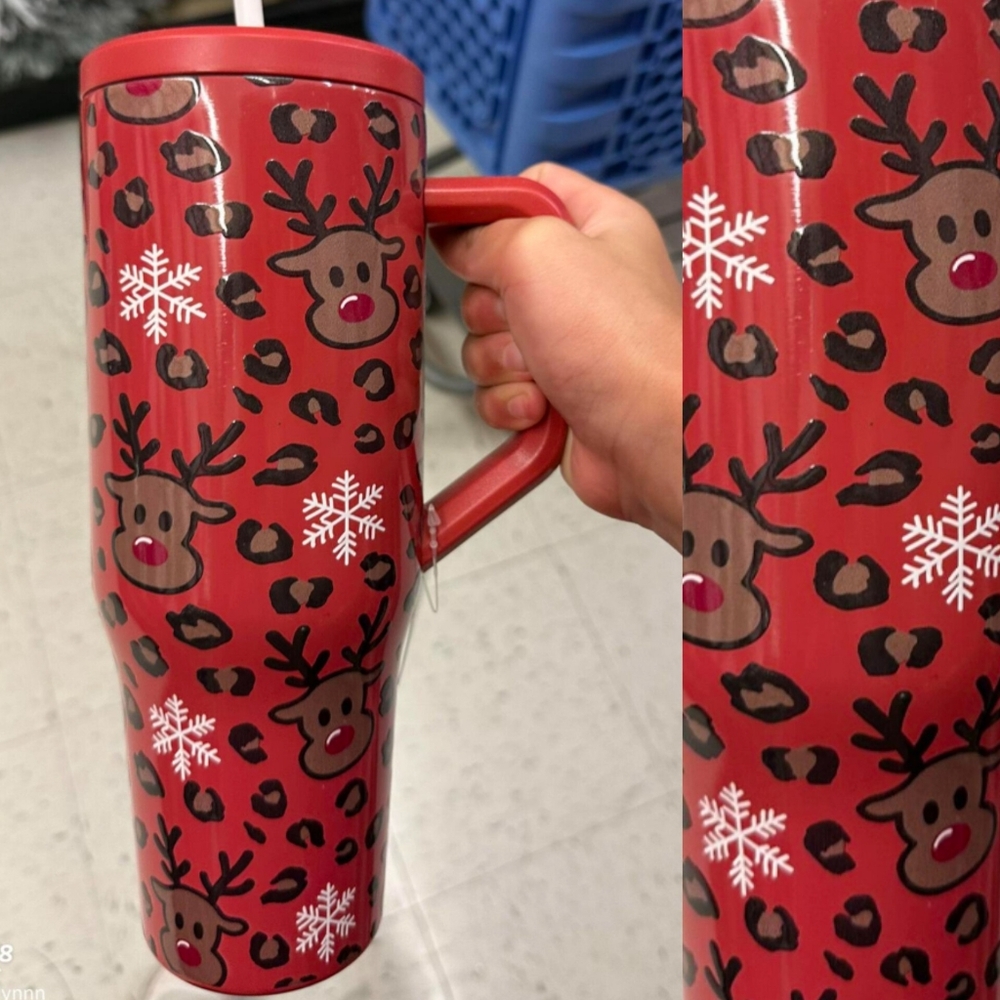 . Sleigh Bell Bistro Christmas Leopard Reindeer Tumbler/Cold Cup With Handle
